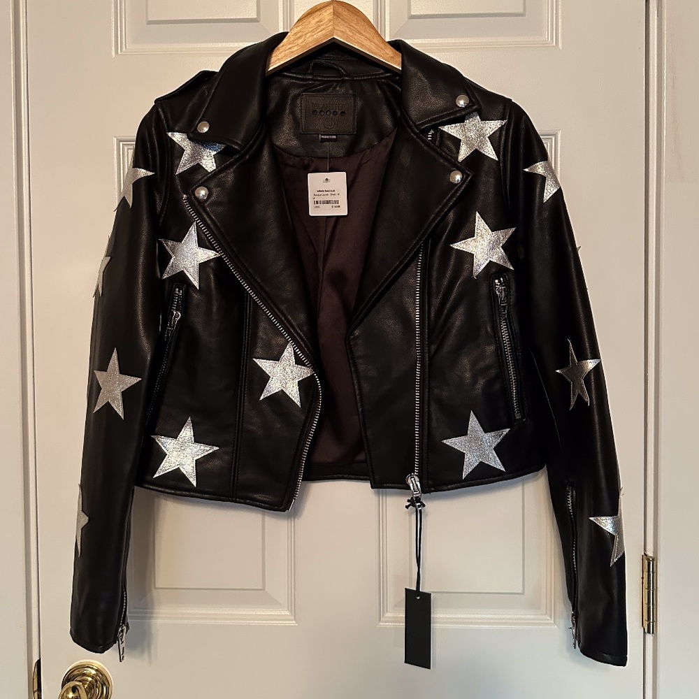 NWT BlankNYC Moto Stardust jacket black with metallic silver stars, Size M